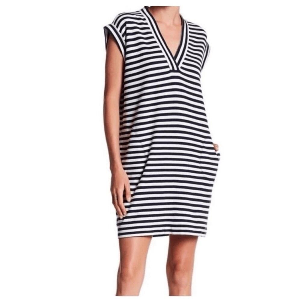 ATM Anthony Thomas Melillo V Neck Navy White Striped 100% Cotton Shift Dress S